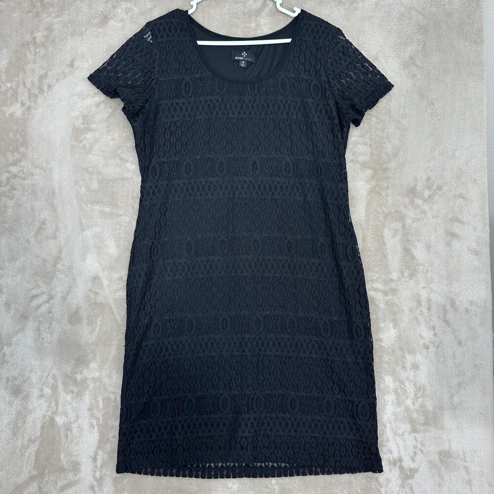 Ronni Nicole Dress Womens 16 Black Lace Sheath Short Sleeve Knee Length Party
